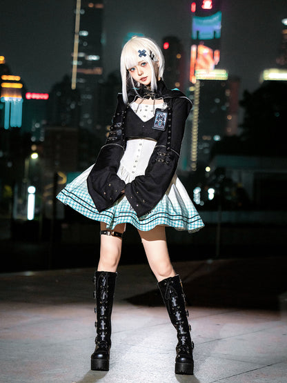 [pre-order] Daily Gothic Retro Punk Style Hooded Jacket + Pleated Jumper Skirt