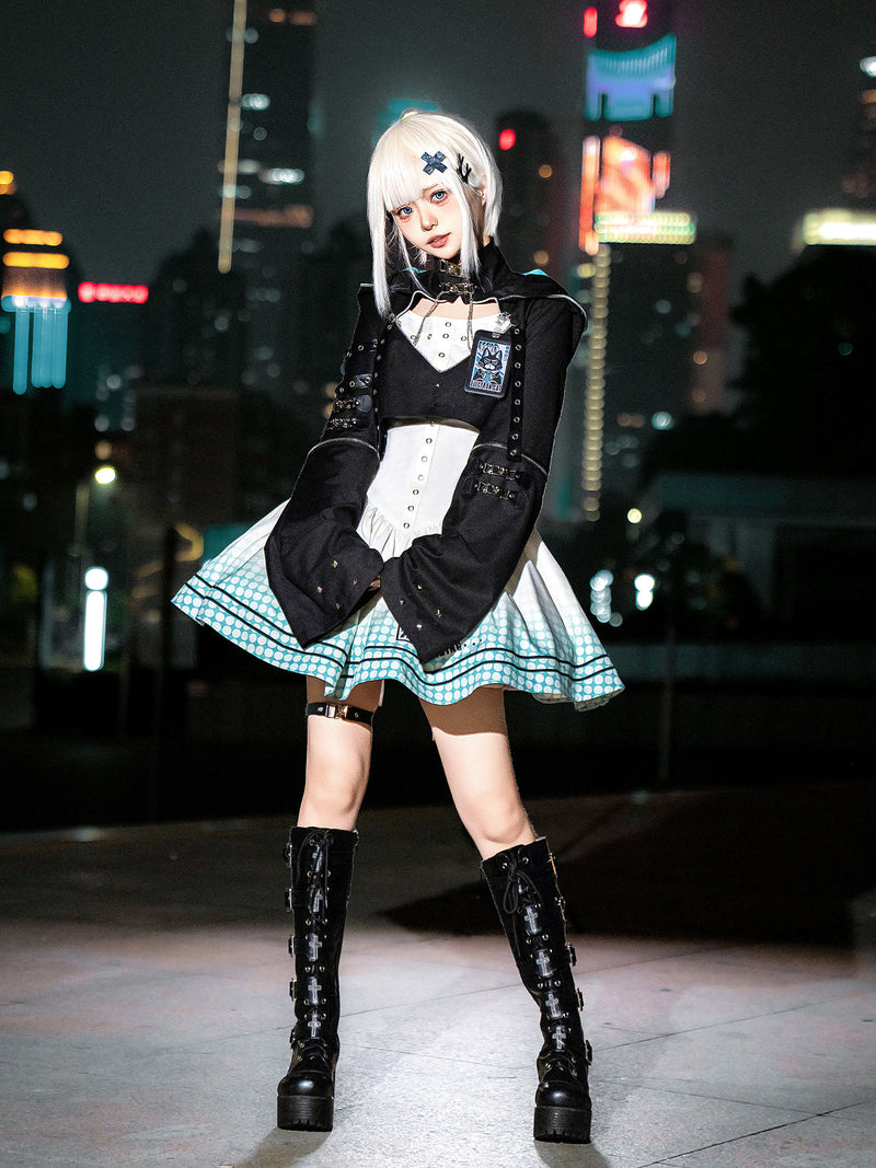 [pre-order] Daily Gothic Retro Punk Style Hooded Jacket + Pleated Jumper Skirt
