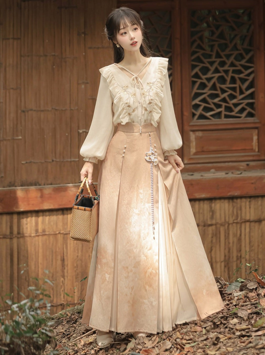 Chinese-style Lace Ruffled Blouse + Pleated Slit Long Skirt