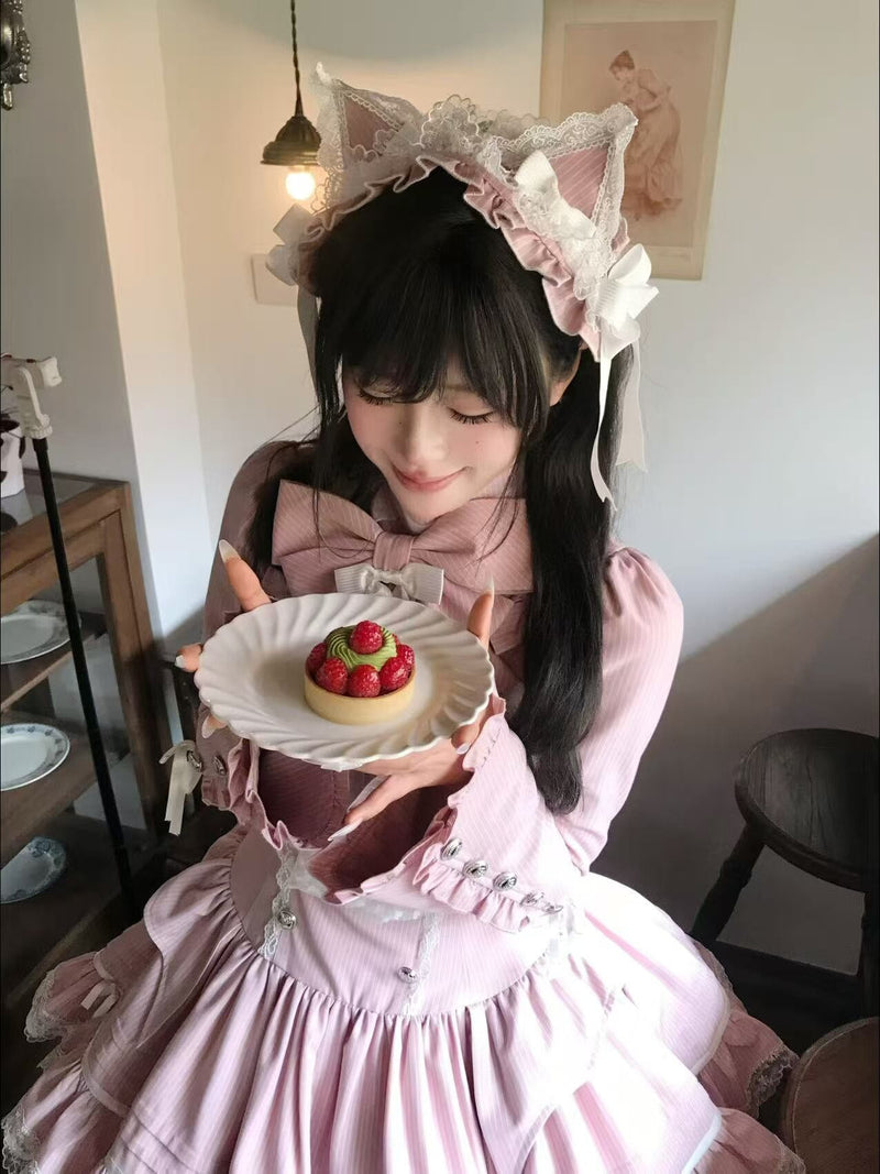 [pre-order Deadline: April 25] Phantom Cat Sweet Ribbon Stripe Lace Bell Sleeve Lolita Dress