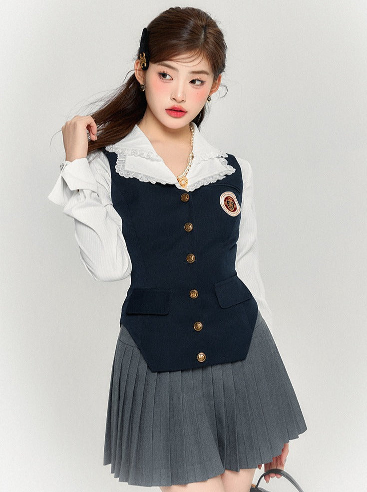 Slim Retro College Vest + Shirt + Pleated Skirt