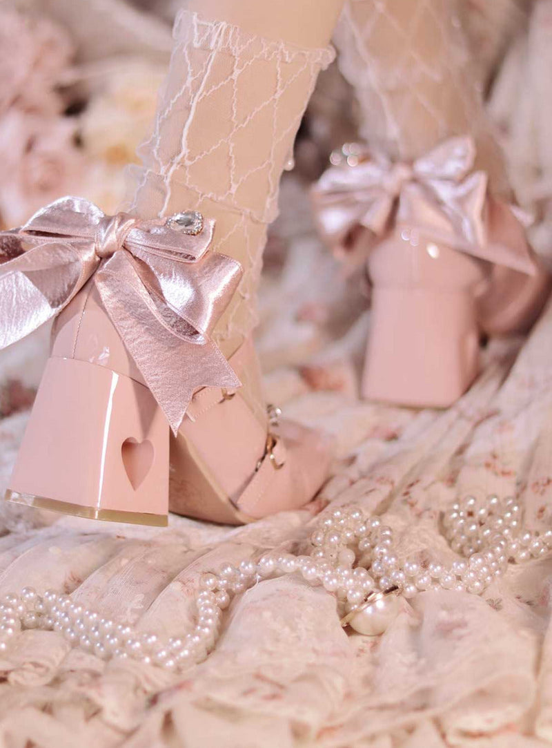 Ribbon Open Heart High Heel Lolita Shoes [jewel Ribbon/normal Ribbon]