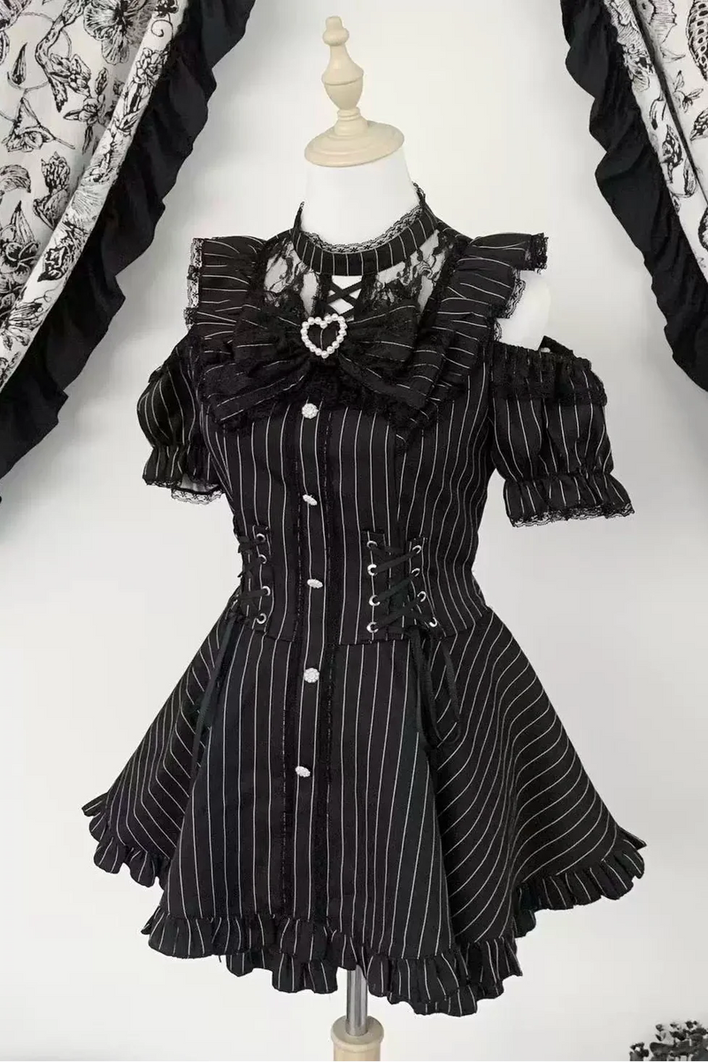 Black / Striped Gothic Lace Ribbon Dress Set