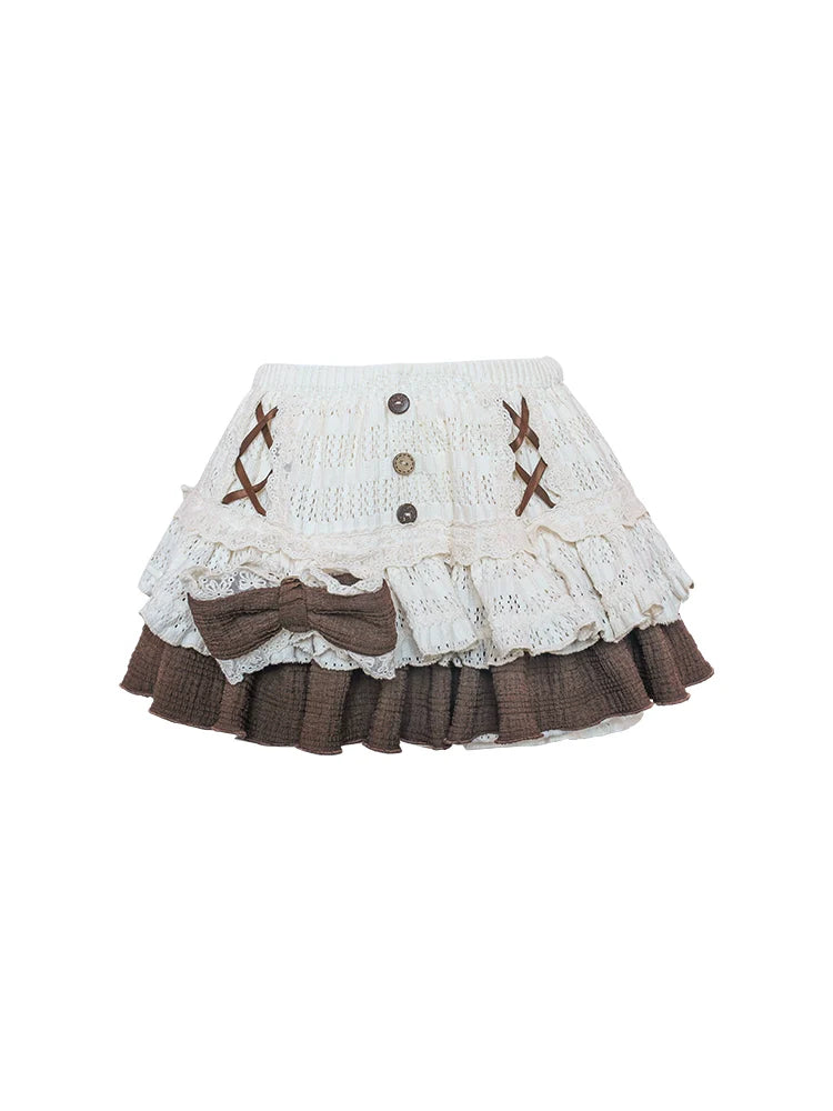 Taro Chocolate Apricot Knit Sling + Purple Knit Cardigan + Tiered Skirt