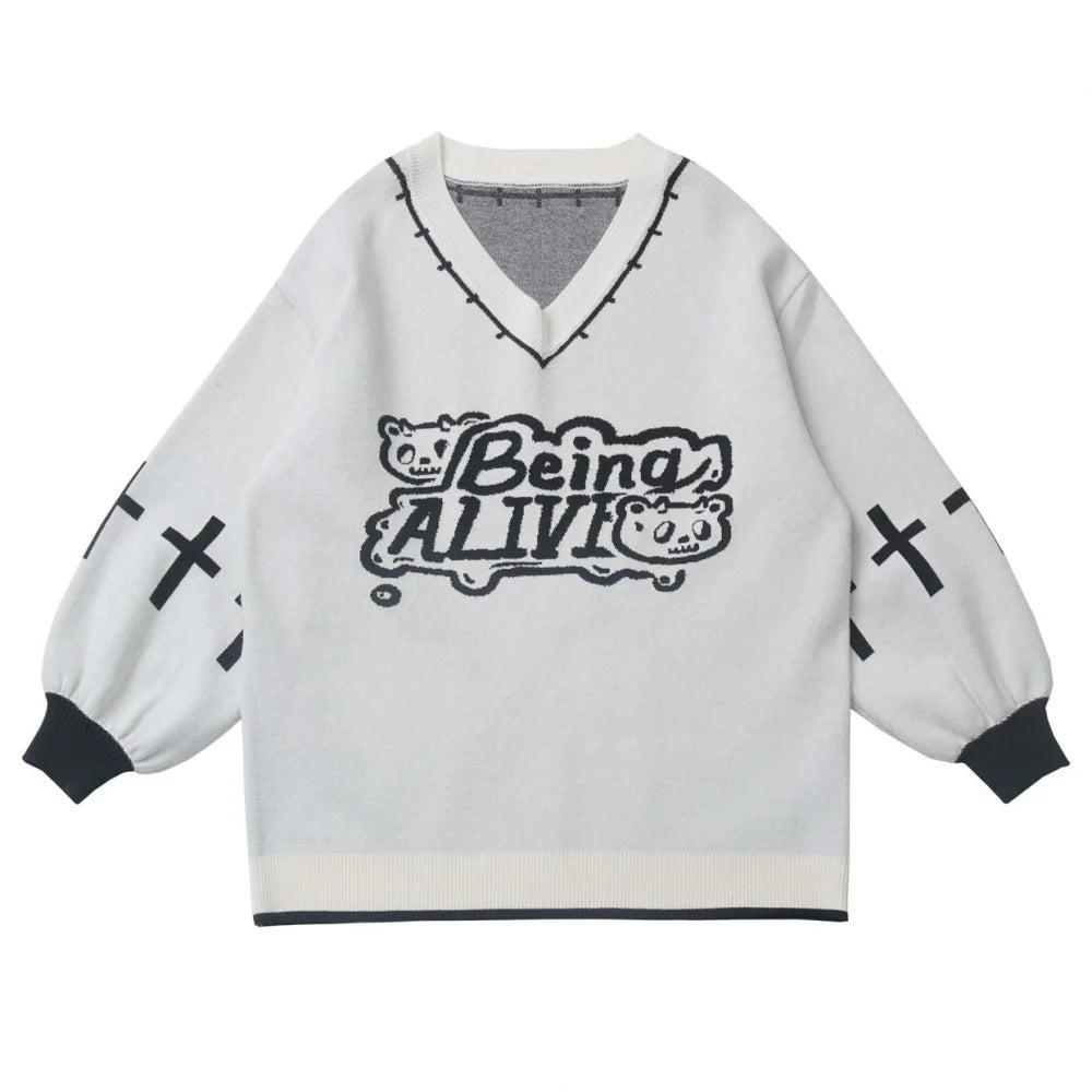 Cat Ear Hooded Top + Loose Knit Sweater + Cargo Pants + Strap Skirt