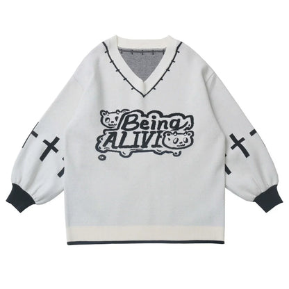 Cat Ear Hooded Top + Loose Knit Sweater + Cargo Pants + Strap Skirt