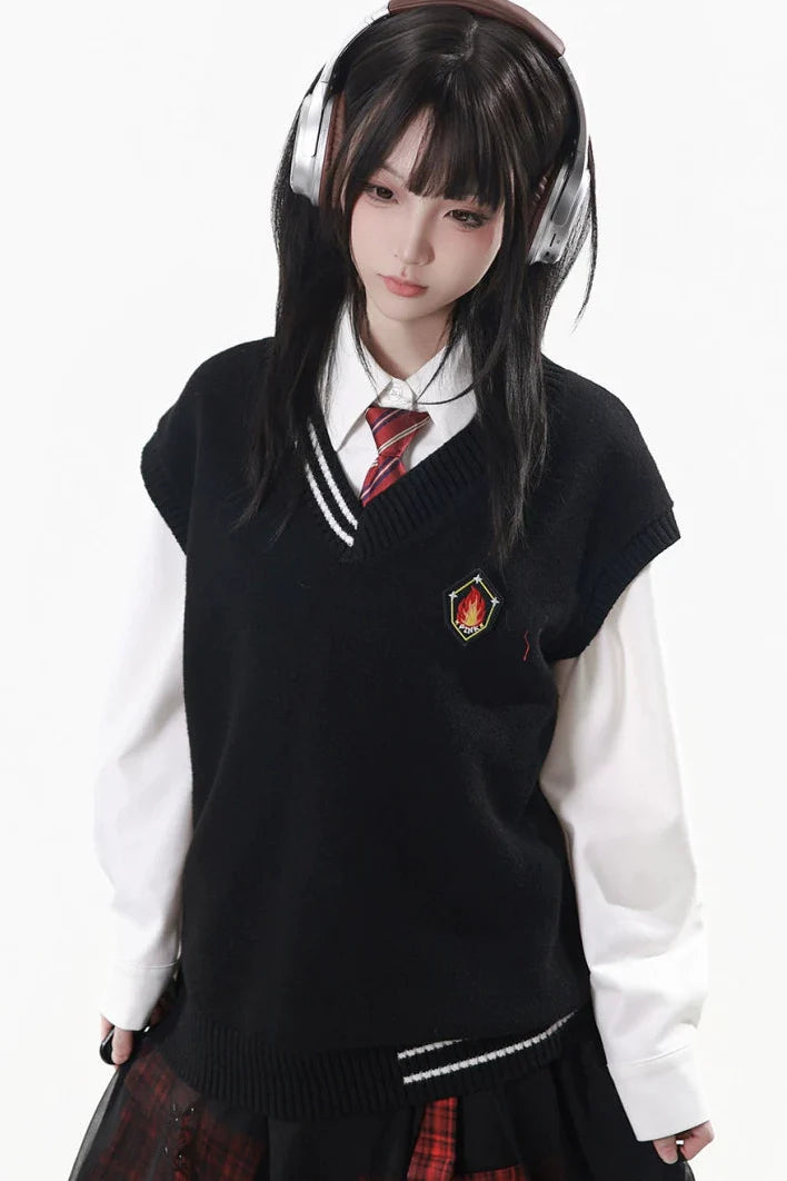 College Knit Vest + Shirt + Long Skirt + Pants + Tie