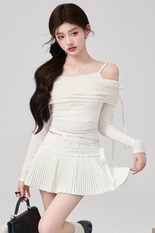 Bow One Shoulder Knit Top + Pleated Skirt + Ribbon Tiered Skirt