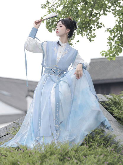 [pre-order] Light Blue Chinese-style Skirt + Tassel Long Vest + Chinese-style Blouse + Chinese-style Design Belt