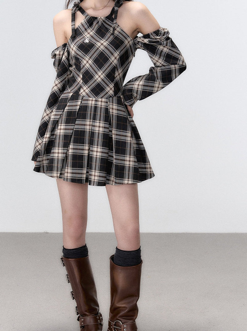 French Suspender Plaid Ribbon a Line Dress