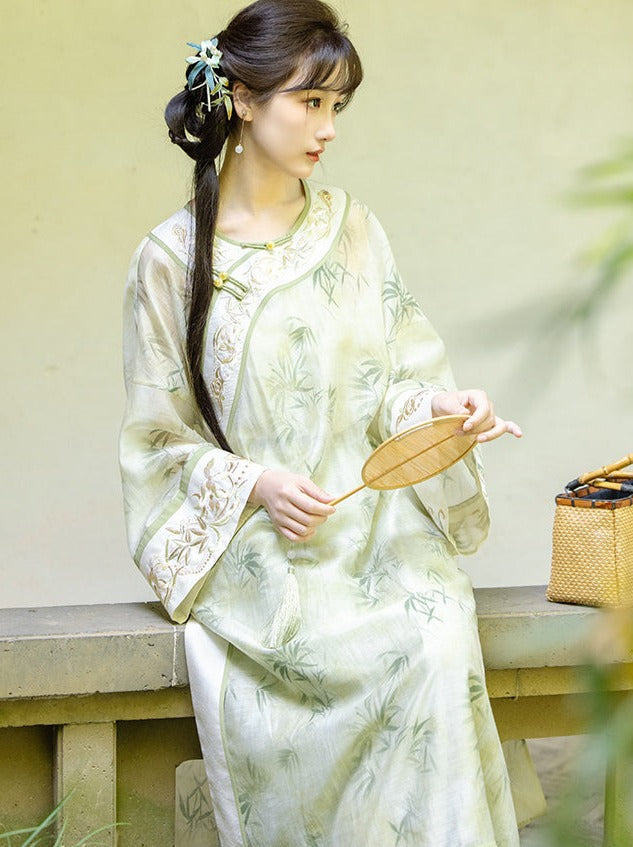 Summer Green Retro Chinese-style Top + Inner Camisole + Long Skirt