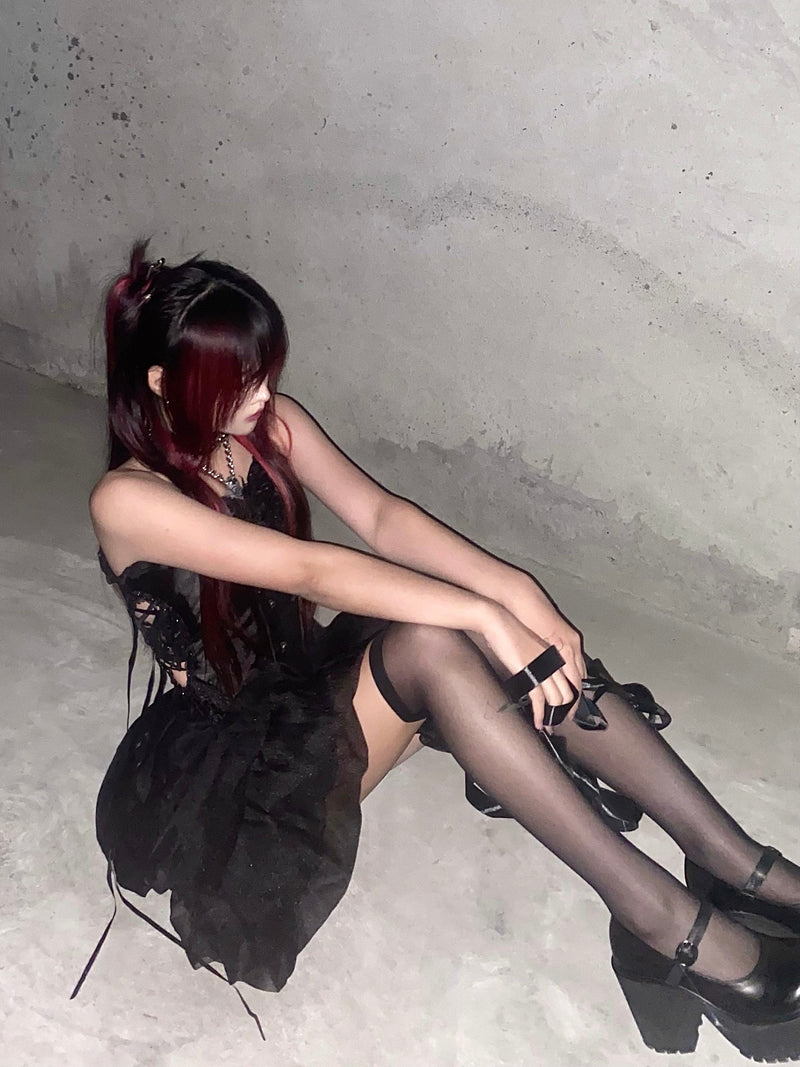 Cool Spicy Black Lace Up Bustier + Tulle Skirt