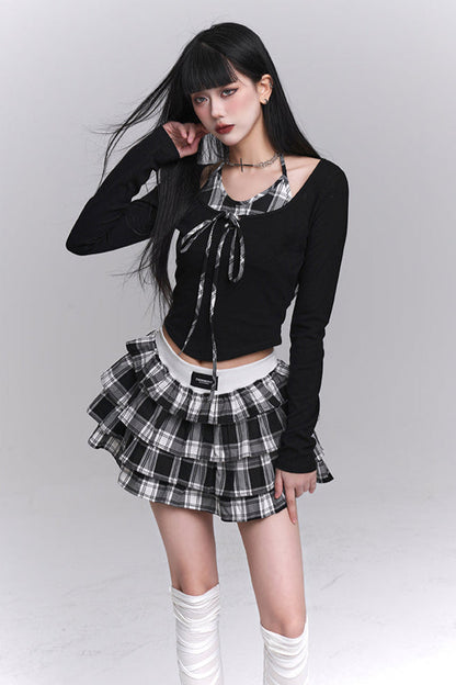 Plaid Top + Short Puff Skirt