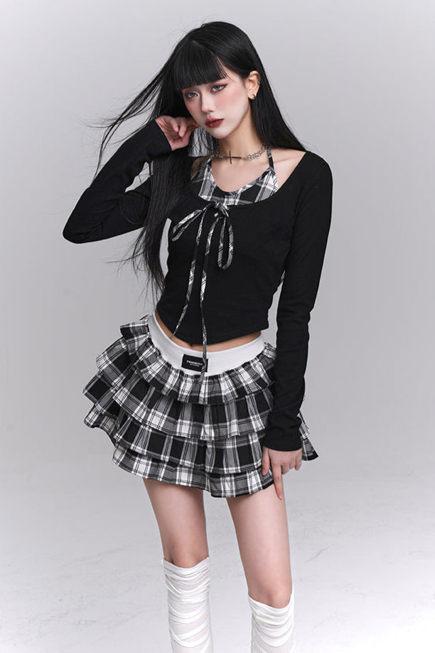 Plaid Top + Short Puff Skirt