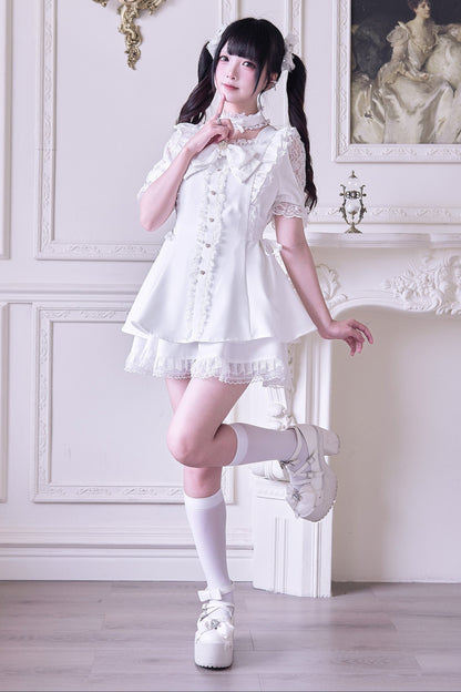 Jirai Stripe Lace Puff Sleeve Top + Short Skirt