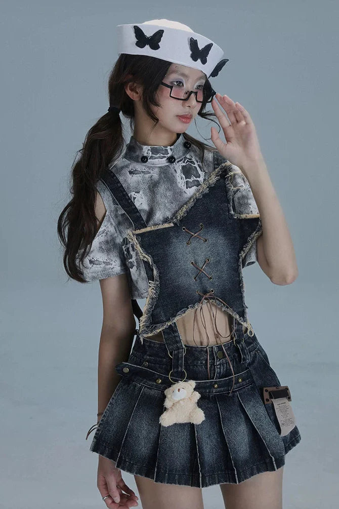 Y2k Star Denim Overall Skirt + Inner Top