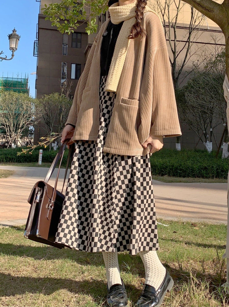 Sakura Note Showa Retro Haori Jacket + Chiffon Ribbon Shirt + Checkered Skirt + Dark Gray Skirt + Brooch