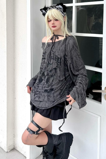 Butterfly Tie Off-shoulder Distressed Top Set