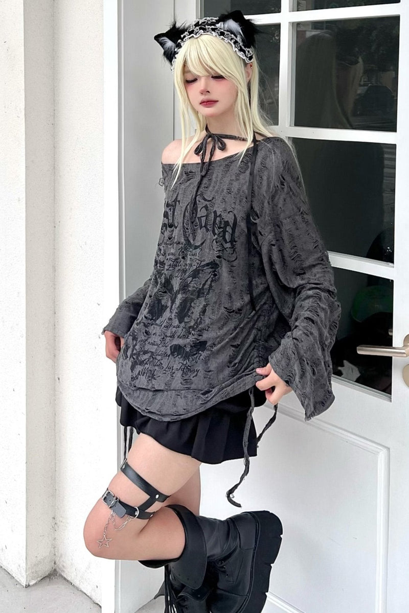 Butterfly Tie Off-shoulder Distressed Top Set