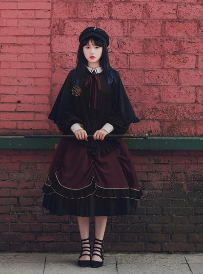 Faux Two Piece Pleated Cape Dark Gothic Dress