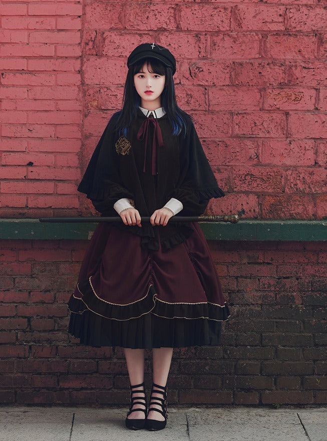 Faux Two Piece Pleated Cape Dark Gothic Dress