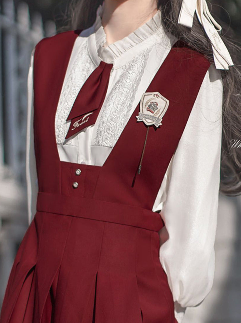 Retro College Lace Chiffon Shirt + Red Sundress + Red Necktie + Emblem Badge
