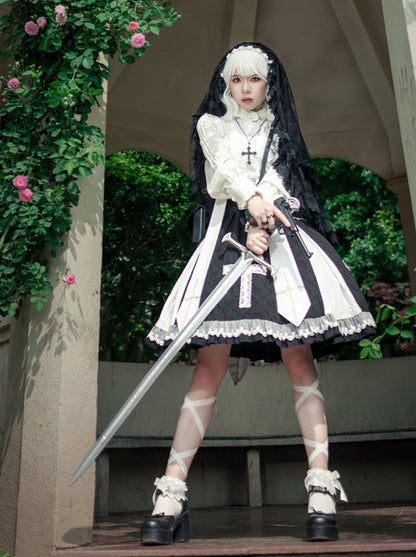 Cross Lolita Dress + Short Jacket + Headband + Veil + Collar