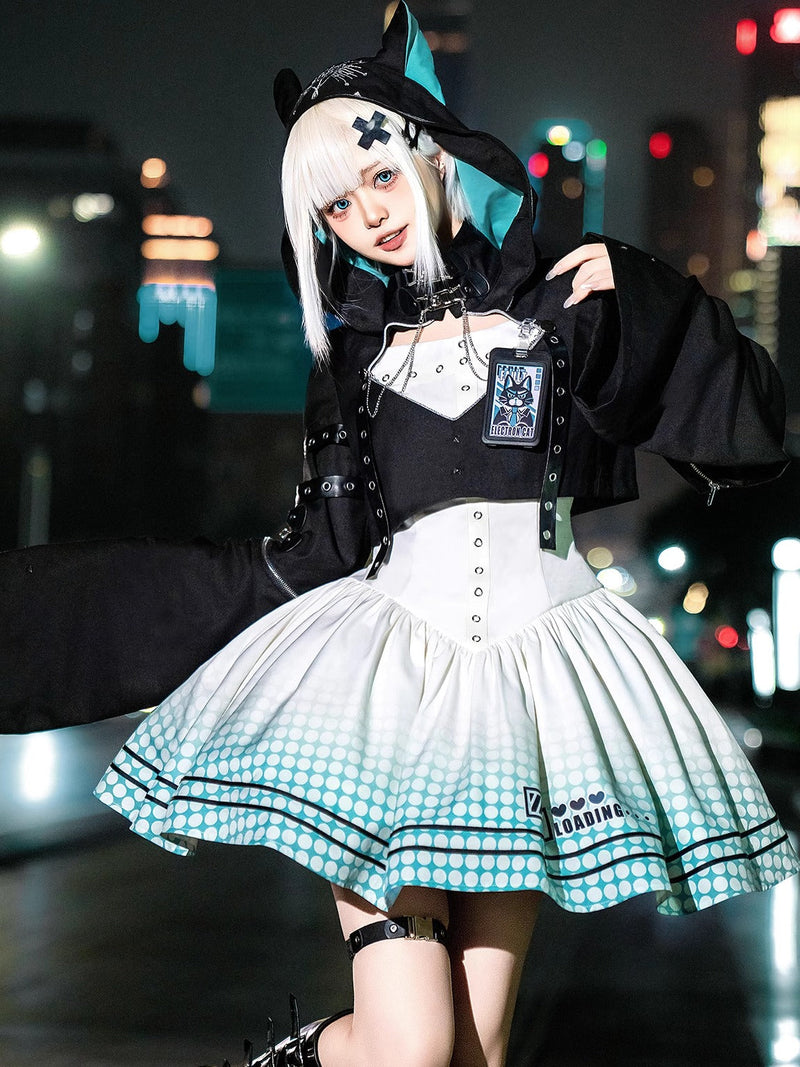 [pre-order] Daily Gothic Retro Punk Style Hooded Jacket + Pleated Jumper Skirt