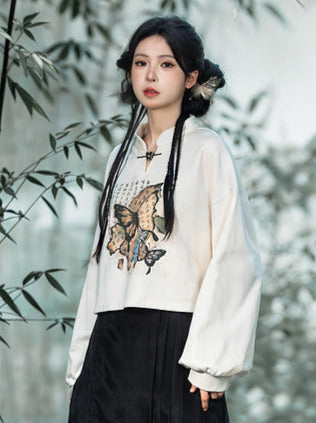 Chinese-style Butterfly Cropped Sweatshirt + Zip Design Hoodie Dress + Black Hoodie [pre-order]