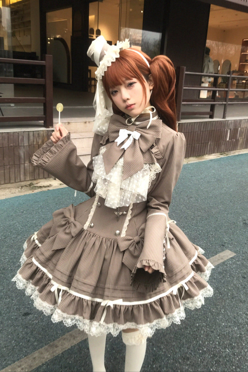 [pre-order Deadline: April 25] Phantom Cat Sweet Ribbon Stripe Lace Bell Sleeve Lolita Dress