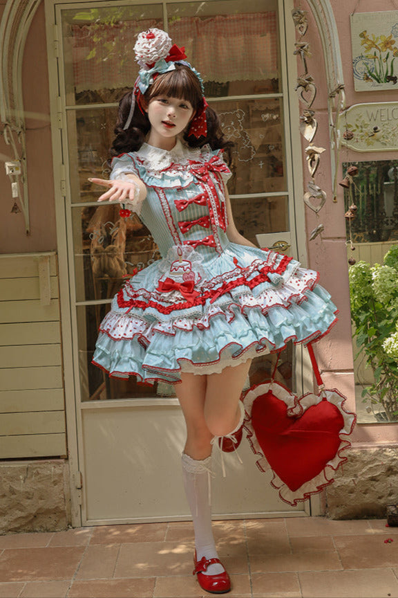 [pre-order Deadline: April 3] Twin Tiered Lolita Dot Ribbon Striped Dress + Flower Bud Skirt Dress