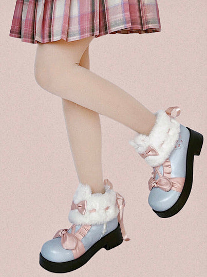 Snow Lolita Mid-heel Color Block Ribbon Sweet Velvet Short Boots