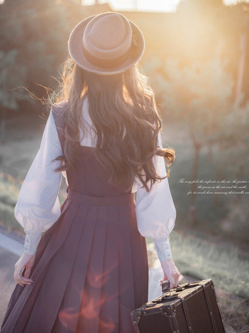 Retro Japanese-style Sleeve Knit Cardigan + Ruffle Stand Collar Shirt + Vest Dress + Ribbon + Corsage