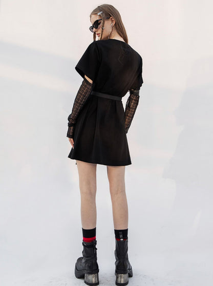 Sheer Long Sleeve Buckle Belt Dress-t