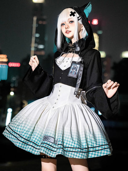 [pre-order] Daily Gothic Retro Punk Style Hooded Jacket + Pleated Jumper Skirt