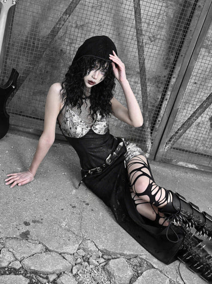 Punk Black Silver Mesh Sheer Slit Hooded Dress Suit