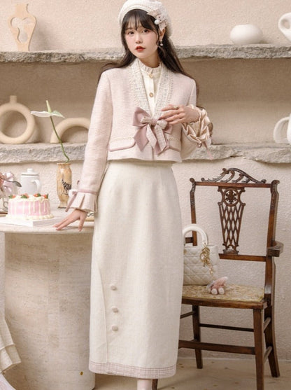 Ruffle Blouse + Tight Skirt + Tweed Ribbon Jacket