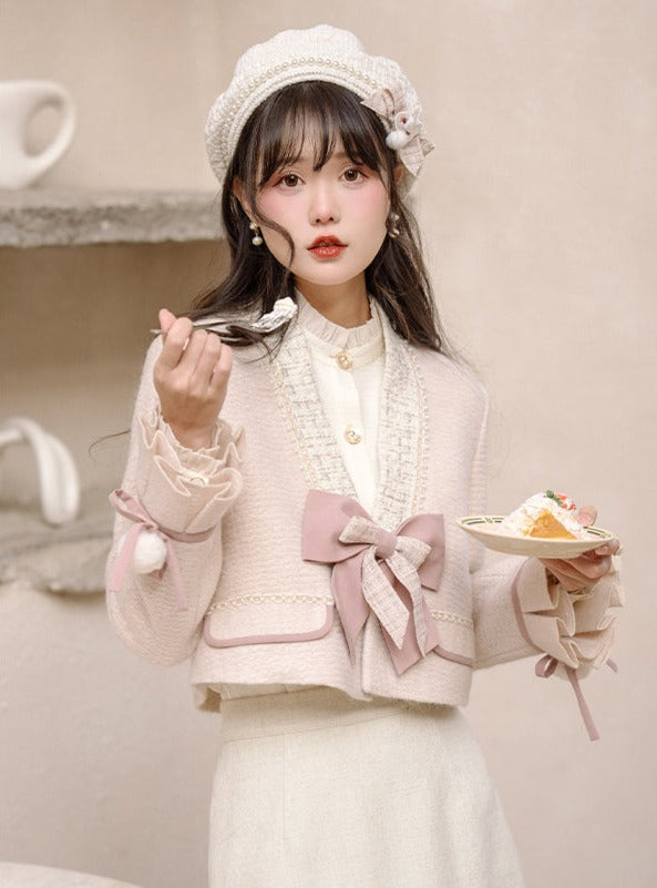 Ruffle Blouse + Tight Skirt + Tweed Ribbon Jacket