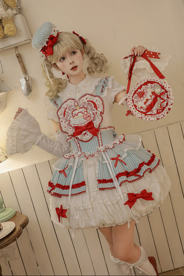 [pre-order Deadline: April 3] Twin Tiered Lolita Dot Ribbon Striped Dress + Flower Bud Skirt Dress