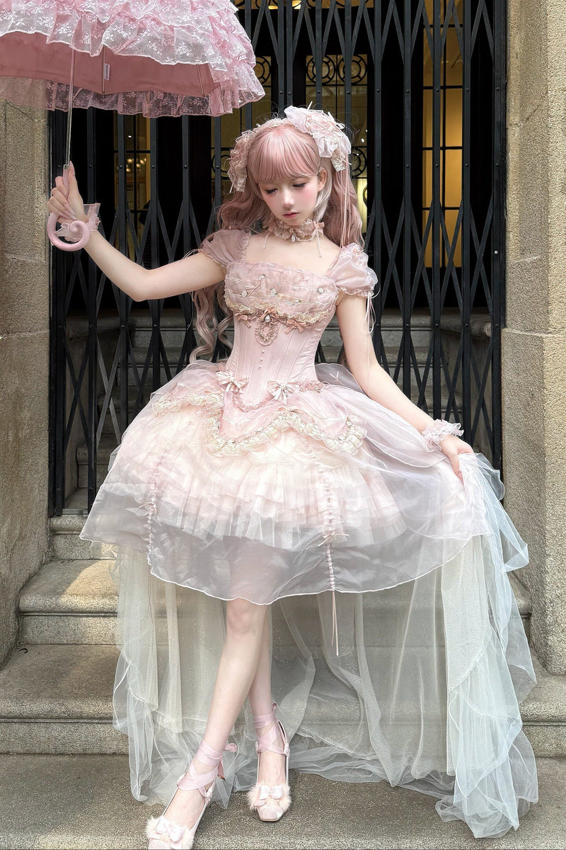 [pre-order Deadline: May 13] Pink Ballet Lolita Lace Ribbon Bustier Corset Top + Pull-up Tulle Tiered Skirt Set + Back Ribbon Train