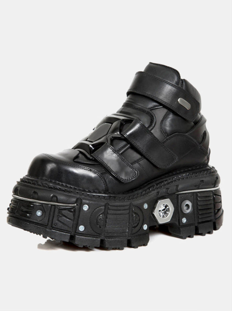 Dark Punk Style Platform Leather Metal High-top Shoes [plain/chain Nut]