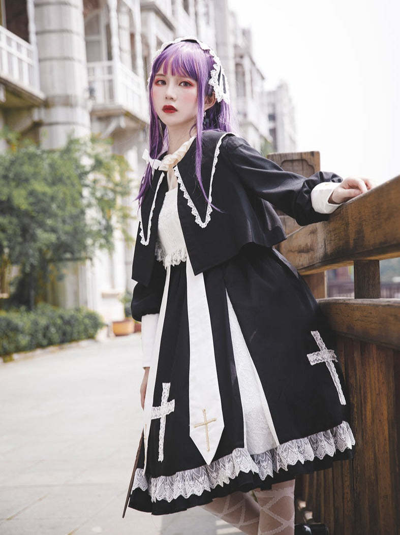 Cross Lolita Dress + Short Jacket + Headband + Veil + Collar