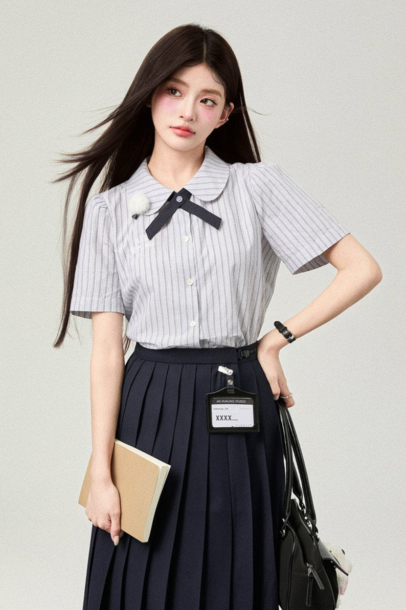 Flower Bell Tie Short Sleeve Shirt + Short Skirt + Long Skirt
