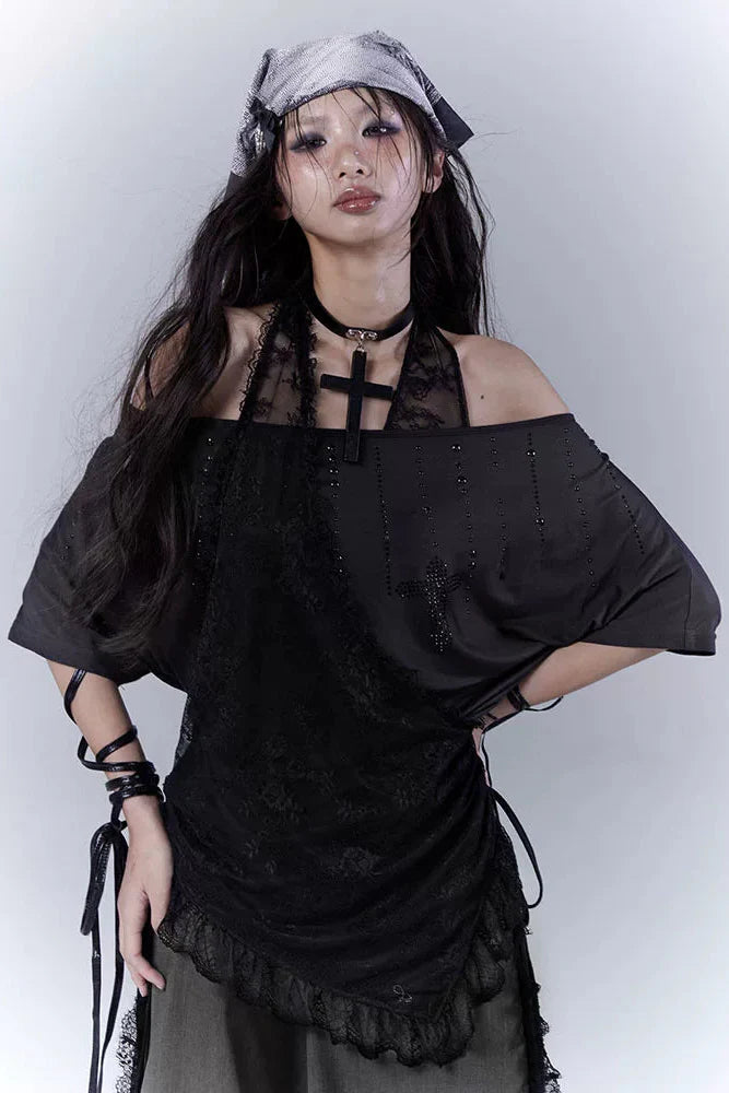 Sheer Off Shoulder Lace Halter Top