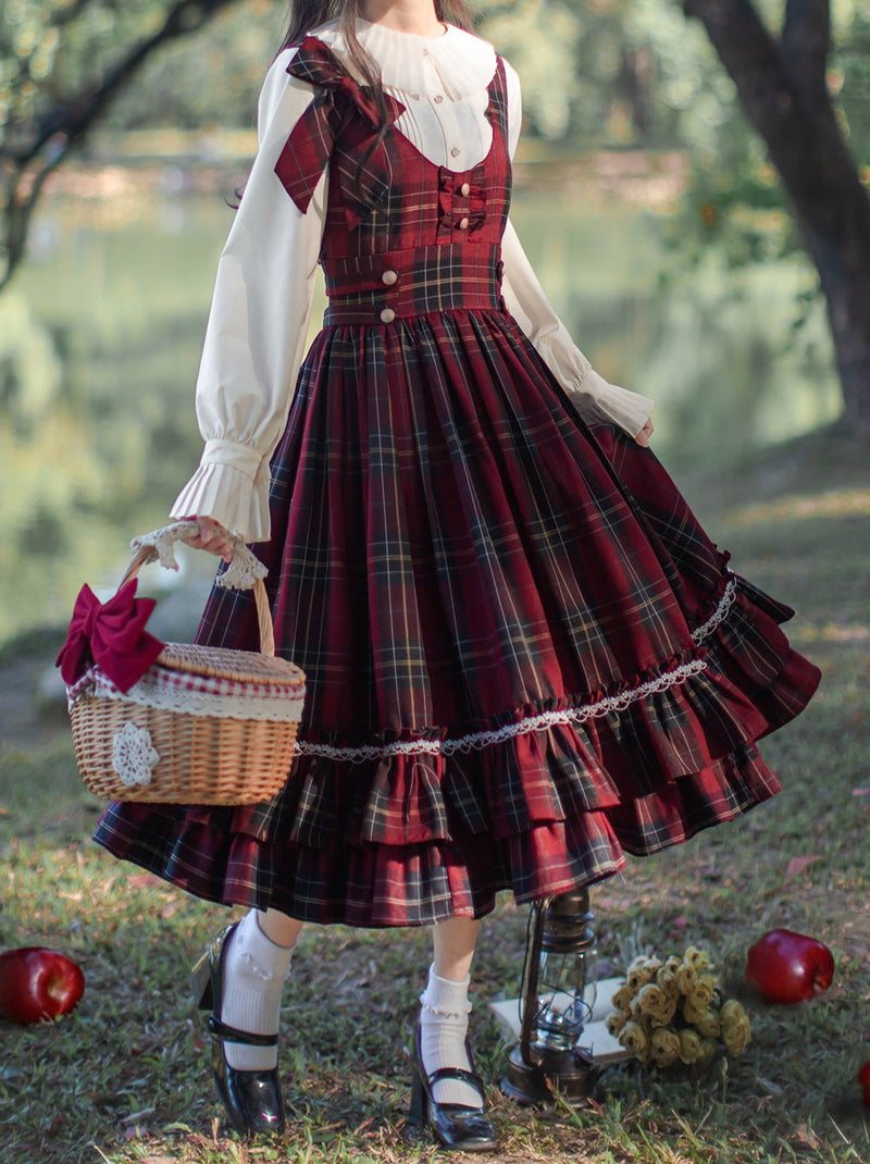 Little Red Riding Hood Cape Ribbon Coat + Pleated Collar Shirt + Plaid Tiered Dress + Head Scarf