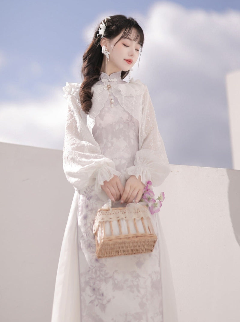 Light Purple Flower Chinese-style Dress + Ruffle Sheer Cardigan