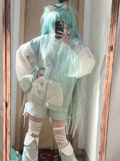 [angel Style] Aqua Angel Subculture Hooded Hoodie + Ribbon Shorts + Leg Warmers