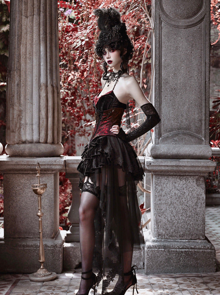 Duchess Gothic Velvet Long Tail Belt Suspender Tulle Dress Suit
