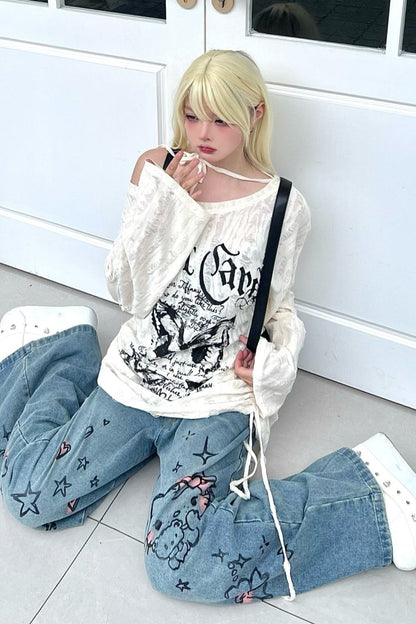 Butterfly Tie Off-shoulder Distressed Top Set