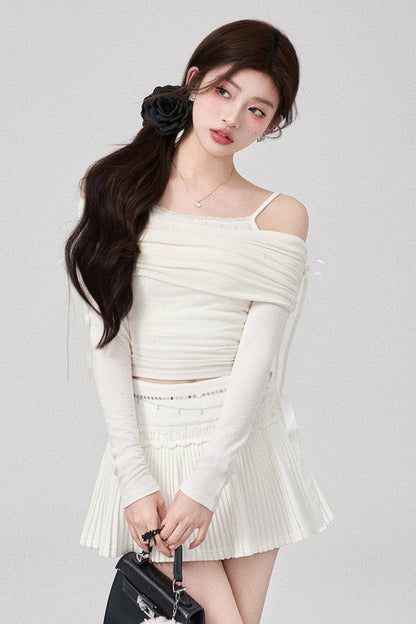 Bow One Shoulder Knit Top + Pleated Skirt + Ribbon Tiered Skirt